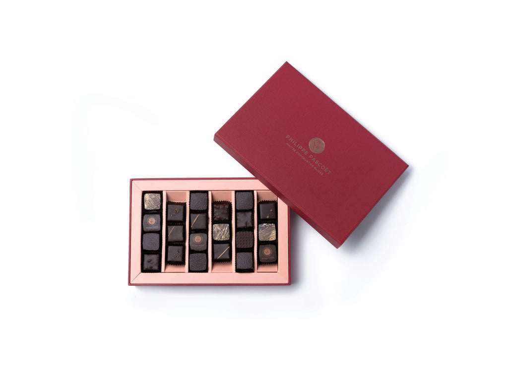 Handmade dark chocolate pralines in a gift box with 21 pieces